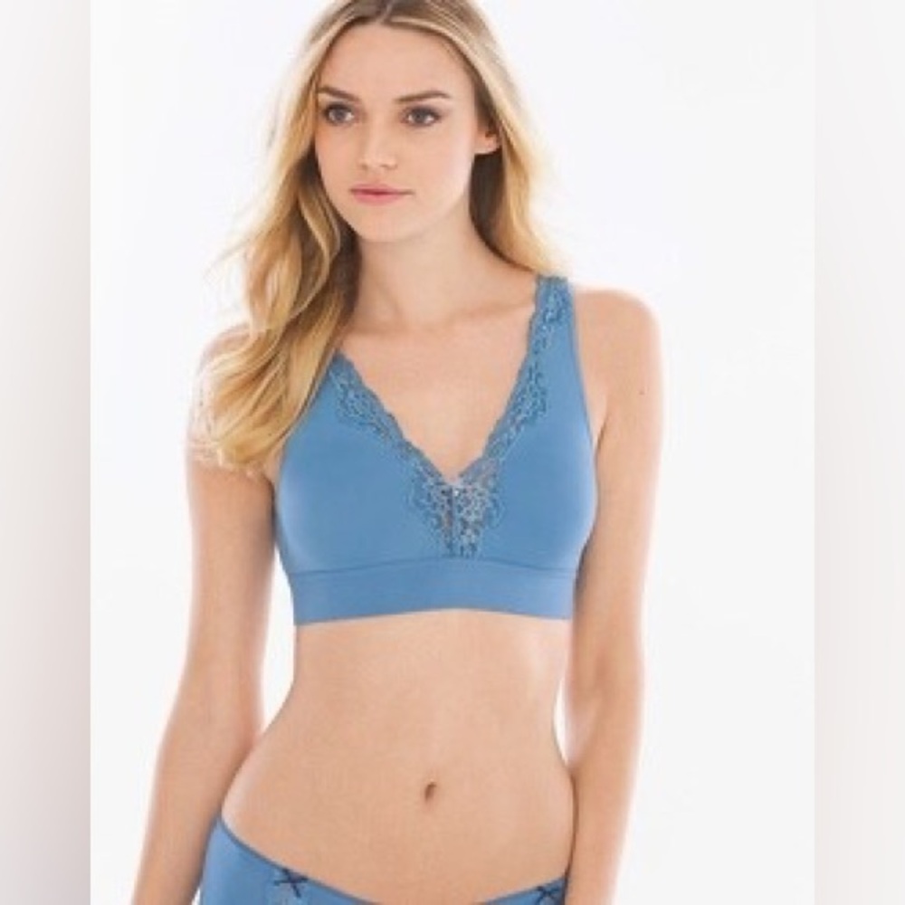 Soma Embraceable Wireless Plunge Lace Trim Blue Bra Like-New Size - S